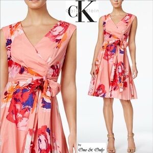 Calvin Klein CK Women Pink peach floral Wrap fit &flare dress Size 8 Sleeveless